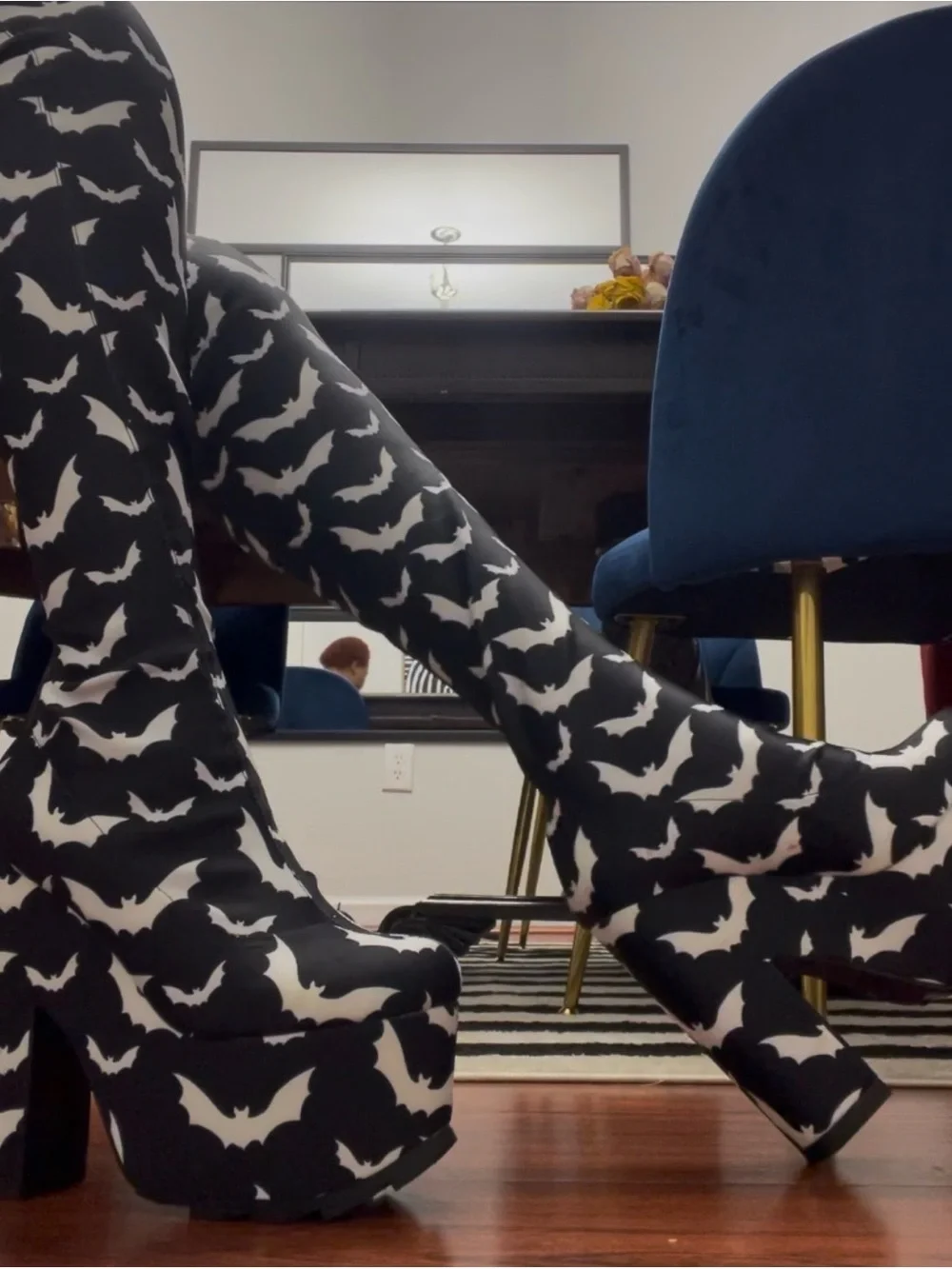 YRU Black & White Bat-Print Platform Boots